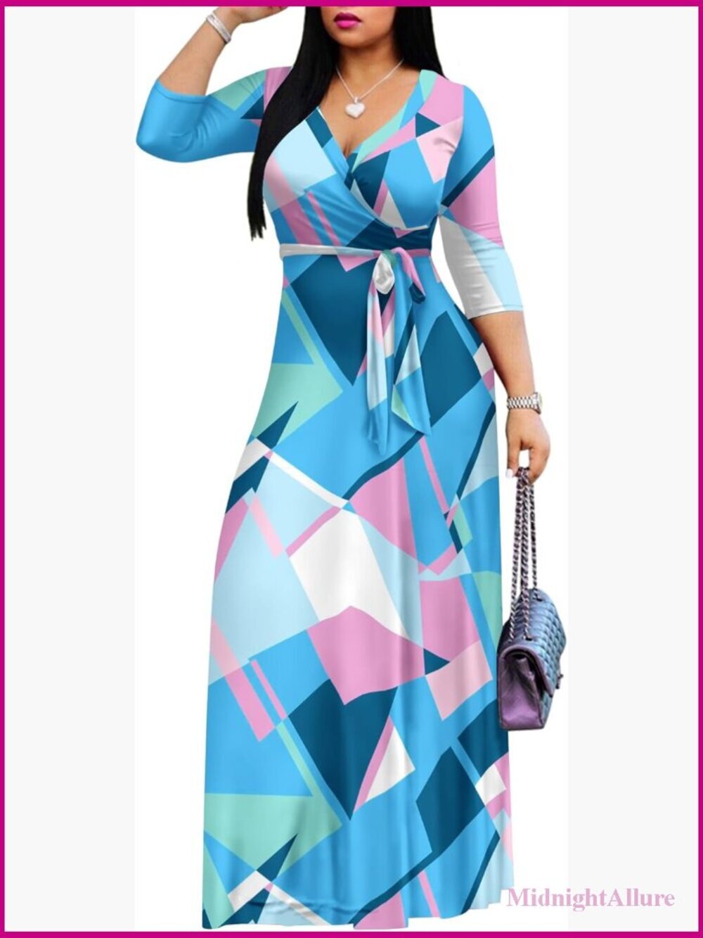 Womens Maxi Dress V-Neck Wrap 3/4 Sleeve with Pockets Belted Casual Summer